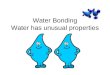 Water Bonding Water has unusual properties. Polar Covalent Bonding of Water: Unequal sharing of electrons (intramolecular forces) H H O Means partially