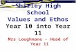 Shirley High School Values and Ethos Year 10 into Year 11 Mrs Loughnane – Head of Year 11