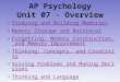 AP Psychology Unit 07 - Overview Studying and Building Memories Memory Storage and Retrieval Forgetting, Memory Construction, and Memory ImprovementForgetting,