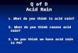 Q of D Acid Rain 1. What do you think is acid rain? 2. What do you think causes acid rain? 3. Do you think we have acid rain in PA?