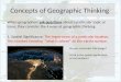 Concepts of Geographic Thinking When geographers ask questions about a particular topic or issue, they consider the 4 ways of geographic thinking 1. Spatial
