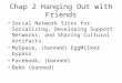Chap 2 Hanging Out with Friends Social Network Sites for Socializing, Developing Support Networks, and Sharing Cultural Artifacts. MySpace, (banned) EggMilker