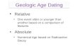 Relative One event older or younger than another based on a comparison of features Absolute Numerical Age based on Radioactive Decay Geologic Age Dating