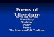 Forms of Literature Novel and Novella Short Story NonfictionPoetryDrama The American Folk Tradition