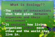 1 What is Ecology?? The study of interactions that take place between organisms and their environment.The study of interactions that take place between