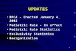 1 UPDATES BPCA - Enacted January 4, 2002 Pediatric Rule - In effect Pediatric Rule Statistics Exclusivity Statistics Reorganization