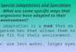Special Adaptations and Speciation Ex: use less water, larger eyes -An adaptation is a trait that an organism has that allows them to be more fit for their