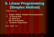 8. Linear Programming (Simplex Method) Objectives: 1.Simplex Method- Standard Maximum problem 2. (i) Greedy Rule (ii) Ratio Test (iii) Pivot Operation