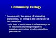 A community is a group of interacting populations, all living in the same place at the same time –the focus is on the interactions between species or populations