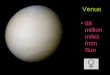 Venus 68 million miles from Sun. Orbital Characteristics Venus is the second-closest planet to the Sun, orbiting it every 224.7 Earth days. It is the