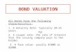 BOND VALUATION All bonds have the following characteristics: 1. A maturity date- typically 20-25 years. 2. A coupon rate- the rate of interest that the