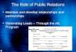 Maintain and develop relationships and partnerships Generating Leads – Through the AIL Program The Role of Public Relations