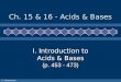 C. Johannesson I. Introduction to Acids & Bases (p. 453 - 473) Ch. 15 & 16 - Acids & Bases