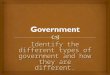 Identify the different types of government and how they are different