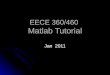 EECE 360/460 Matlab Tutorial Jan 2011. Outline What is Matlab? What is Matlab? Matlab Interface Matlab Interface Basic Syntax Basic Syntax Plotting Graphs