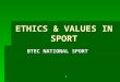 2 ETHICS & VALUES IN SPORT BTEC NATIONAL SPORT. 2 OBJECTIVES  RE-CAP OF PREVIOUS LESSON  DEFINE THE TERM ‘EQUITY IN SPORT’  EXPLAIN THE POSITIVE EFFECTS