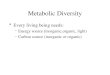 Metabolic Diversity Every living being needs: –Energy source (inorganic,organic, light) –Carbon source (inorganic or organic)