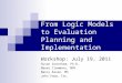 From Logic Models to Evaluation Planning and Implementation Workshop: July 19, 2011 Susan Grantham, Ph.D. Naomi Clemmons, MPH Nancy Kasen, MS John Snow,