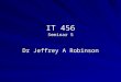 IT 456 Seminar 5 Dr Jeffrey A Robinson. Overview of Course Week 1 – Introduction Week 2 – Installation of SQL and management Tools Week 3 - Creating and