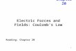 1 Electric Forces and Fields: Coulomb’s Law Chapter 20 Reading: Chapter 20