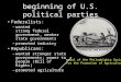 Beginning of U.S. political parties Federalists: – wanted strong federal government, weaker state governments – promoted industry Republicans: – wanted