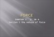 CHAPTER 2 p. 36 m Section 1 the nature of force.  Force: is a push or a pull.  When an object pushes or pulls on another object then you say the 1 st