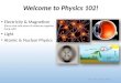 Welcome to Physics 102! Electricity & Magnetism (forces that hold atoms & molecules together, living cells) Light Atomic & Nuclear Physics Phys. 102, Lecture