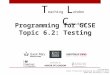 Programming for GCSE Topic 6.2: Testing T eaching L ondon C omputing William Marsh School of Electronic Engineering and Computer Science Queen Mary University