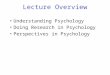 Lecture Overview Understanding Psychology Doing Research in Psychology Perspectives in Psychology