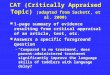 CAT (Critically Appraised Topic) (adapted from Sackett, et al. 2000) 1-page summary of evidence resulting from critical appraisal of an article, test,
