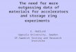 The need for more outgassing data of materials for accelerators and storage ring experiments E. Hedlund Uppsala University, Sweden SP-Swedish Testing and