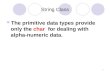 1 String Class The primitive data types provide only the char for dealing with alpha-numeric data