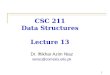 1 CSC 211 Data Structures Lecture 13 Dr. Iftikhar Azim Niaz ianiaz@comsats.edu.pk 1