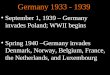 Germany 1933 - 1939 September 1, 1939 – Germany invades Poland; WWII begins Spring 1940 –Germany invades Denmark, Norway, Belgium, France, the Netherlands,