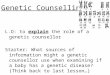 Genetic Counselling L.O: to explain the role of a genetic counsellor Starter: What sources of information might a genetic counsellor use when examining