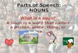 Parts of Speech: NOUNS What is a noun? A noun is a word that names a person, place, thing, or idea