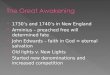 1730’s and 1740’s in New England  Arminius – preached free will determined fate  John Edwards – faith in God = eternal salvation  Old lights v. New