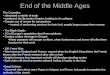 End of the Middle Ages The Crusades: stimulated a rebirth of trade weakened the Byzantine Empire; leading to it’s collapse Greater use of money for transactions