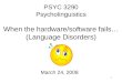 1 PSYC 3290 Psycholinguistics When the hardware/software fails… (Language Disorders) March 24, 2008