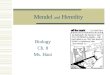 Mendel and Heredity Biology Ch. 8 Ms. Haut. Pre-Mendelian Theory of Heredity  Blending Theory—hereditary material from each parent mixes in the offspring