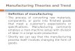 Manufacturing Theories and Trend  Definition of manufacturing  The process of converting raw materials, components, or parts into finished goods that