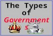 The Types of Governments. Dictatorship One-person rule. Ruler has total control. Absolute monarchs are also dictatorships. ADVANTAGES DISADVANTAGES 1