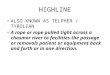 HIGHLINE ALSO KNOWN AS TELPHER / TYROLEAN A rope or rope pulled tight across a chasmor river to facilities the passage or removals patient or equipment