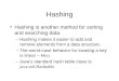 Hashing Hashing is another method for sorting and searching data. –Hashing makes it easier to add and remove elements from a data structure. –The worst-case