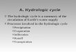 A. Hydrologic cycle o The hydrologic cycle is a summary of the circulation of Earth’s water supply o Processes involved in the hydrologic cycle o Precipitation