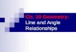 Ch. 10 Geometry: Line and Angle Relationships. Vocabulary for angles: Acute angles: less than 90° Right angles: 90° Obtuse angles: more than 90° Straight