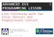 By Droids Robotics Code Contributed by FLL 1920 Line Following with Two Color Sensors and Proportional Control ADVANCED EV3 PROGRAMMING LESSON © 2015