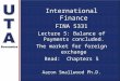 International Finance FINA 5331 Lecture 5: Balance of Payments concluded. The market for foreign exchange Read: Chapters 5 Aaron Smallwood Ph.D