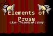 Elements of Prose a.k.a.- The parts of a story. Prose There are 2 types of writing: There are 2 types of writing: prose- anything that is NOT poetry or