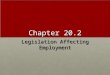 Chapter 20.2 Legislation Affecting Employment. Chapter 20.2 Laws Affecting employment PULL OUT A SHEET OF PAPER!!!PULL OUT A SHEET OF PAPER!!! (This will